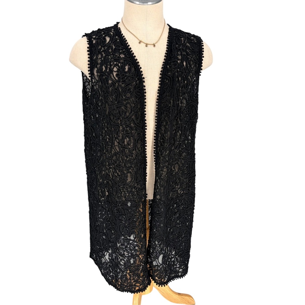 Anthropologie Lace Vest 2XL Black Floral Longline Pom Pom Trim Boho Open Front